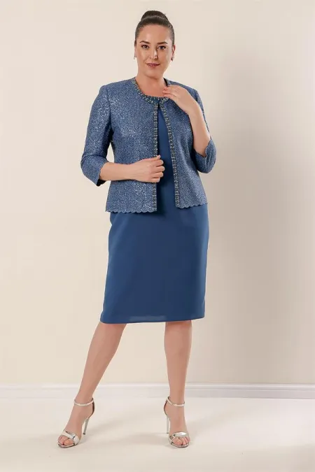 Robe en crêpe avec col et doublure ornés, veste à sequins, ensemble deux pièces grande taille