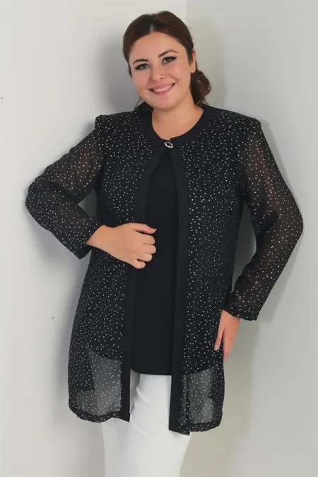 Ensemble deux pièces grande taille : chemisier à manches longues en lycra pour femme et veste en mousseline à pois dorés.