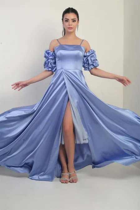 Women's Thin-Strapped, Lined, Set-in Sleeve, Pocketed Long Satin Dress