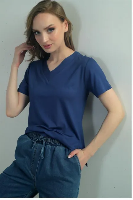Women's V-Neck Slit Short Sleeve Blouse