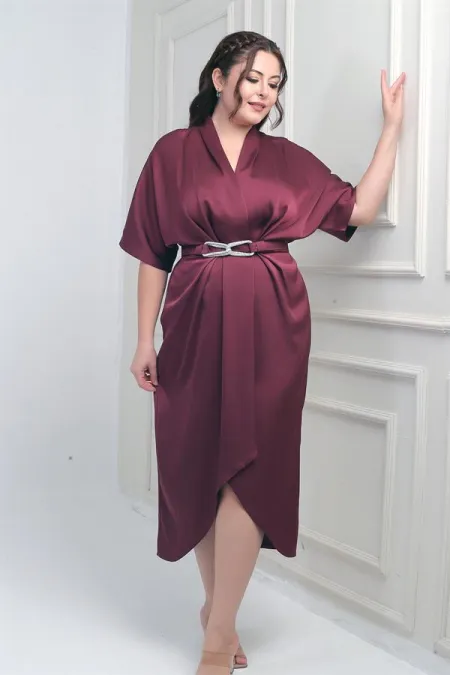 Women's Wrap Neck Short Batwing Sleeve Double Pleated Crepe Satin Plus Size Midi Designer Dress