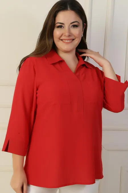 Polo Collar Pocketed Quarter Sleeve BB Blouse