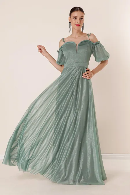 Pleated Collar Balloon Sleeve Lined Glittery Long Dress