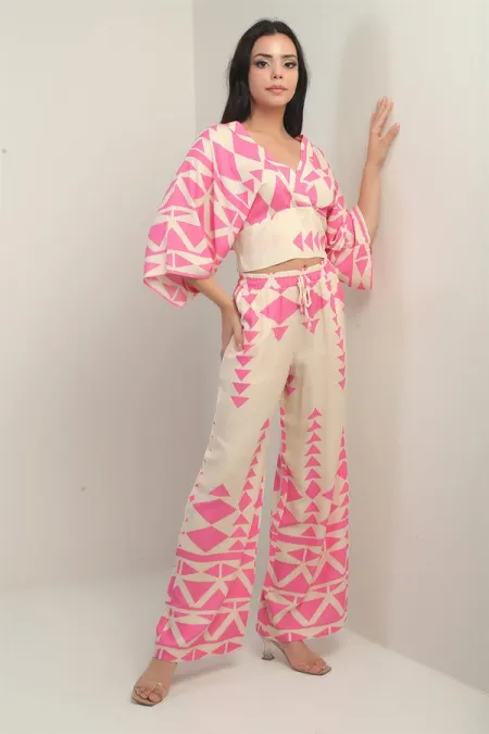 Kadın Ön Arka V Yaka Crop Bluz Beli Lastikli Cepli Palazzo Pantolon Üçgen Desen 2'li Takım