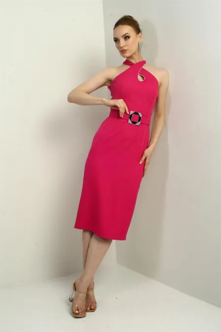 Women's Embellished Cross Neck Belted Midi Crepe Dress