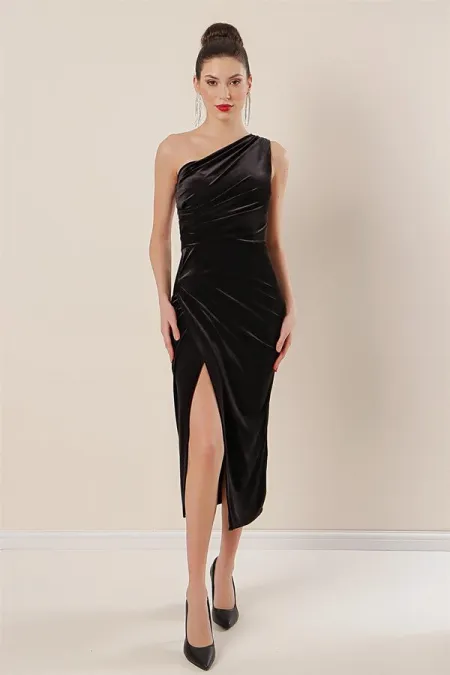 Tek Omuz Önü Büzgülü Kadife Elbise