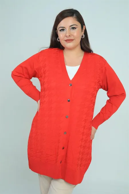 Gilet long grande taille pour femme, motif pied-de-poule, en fil froid.