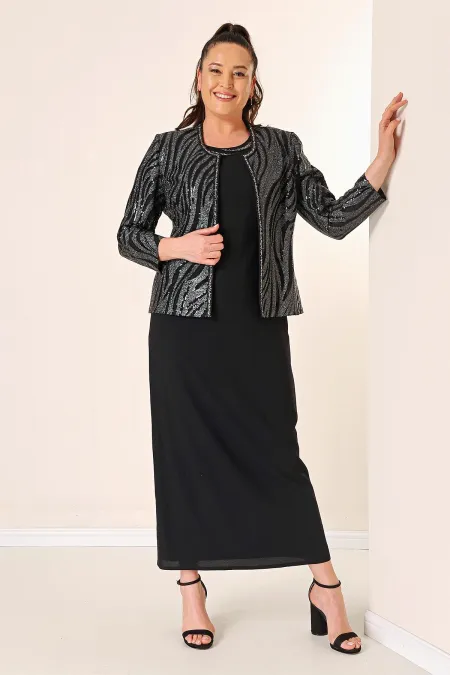 Veste à paillettes, manches demi-lune, robe en crêpe doublée, costume 2 pièces grande taille