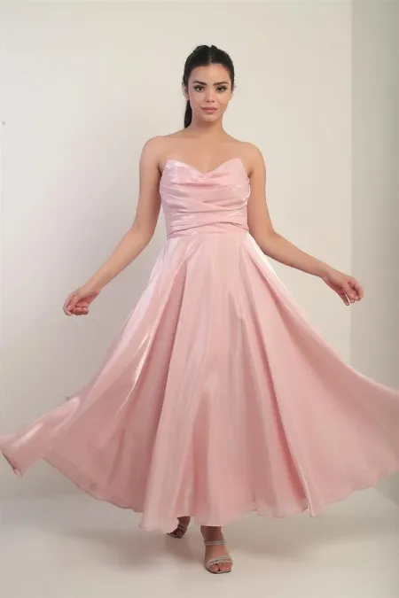 Women's V-Neck Strapless Lined Organza Satin Midi Dress