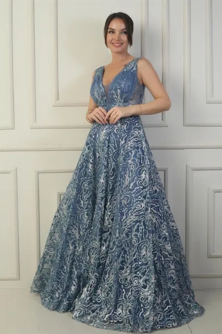 Robe de soirée longue pour femme, décolleté en V devant et dos, pli poitrine, laçage au dos, doublée, imprimé floqué pailleté