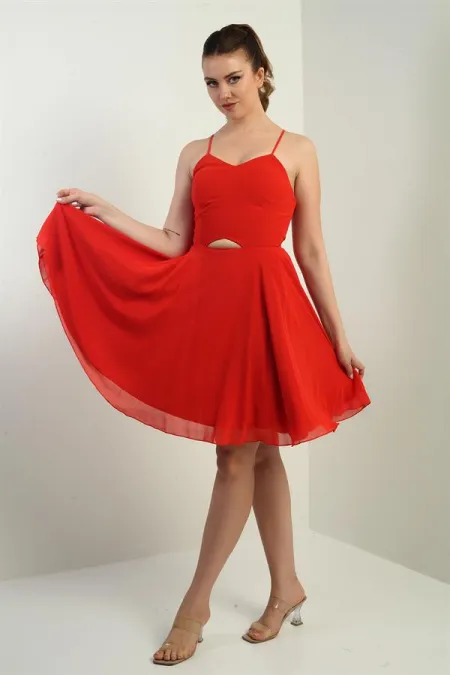 Women's Strappy, Back-Tie, Front-Opening, Lined Chiffon Short Flared Dress