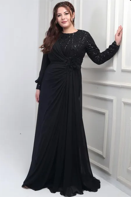 Robe longue en mousseline grande taille pour femme, ornée de sequins et de perles, doublée et à taille fleurie.