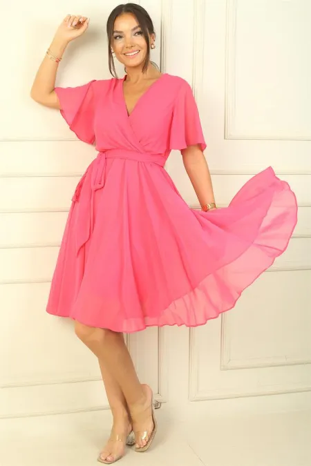 Women's Wrap Neckline Ruffled Sleeve Lined Chiffon Dress