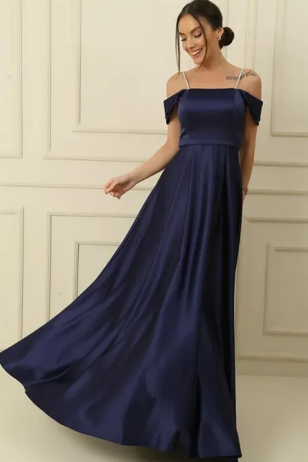 Strappy, Stone-Detailed, Square Neck, Lined Long Satin Dress