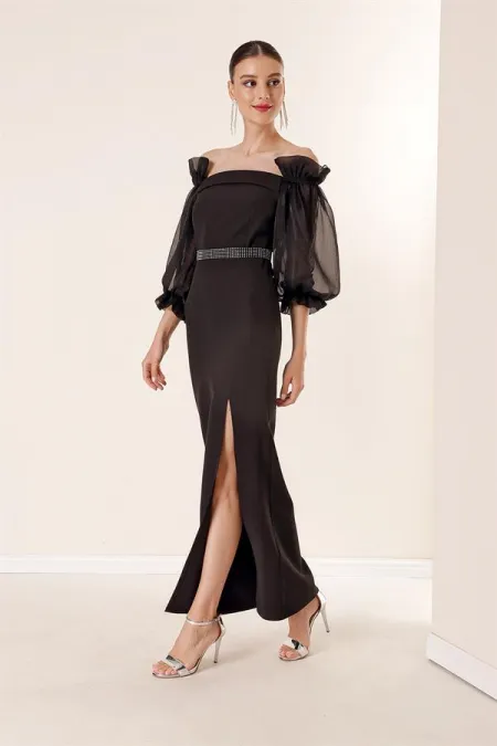Square Neck, Organza Sleeves, Front Slit, Belted Waist Long Dress