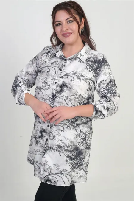 Chemise longue grande taille pour femme, à manches repliées et motif batik