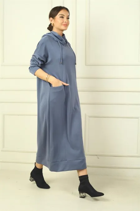 Kadın Yaka Fermuarlı Kapüşonlu Torba Cepli Rahat Kalıp Oysho Uzun  Elbise