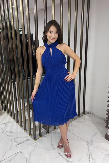 Komple Piliseli Astarlı Şifon Elbise