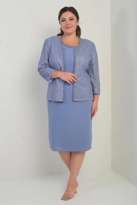 Robe sans manches doublée pour femme avec veste ornée de sequins et de pierres, ensemble deux pièces grande taille