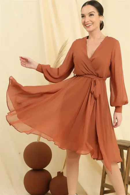 Wrap Neck Long Sleeved Lined Chiffon Dress