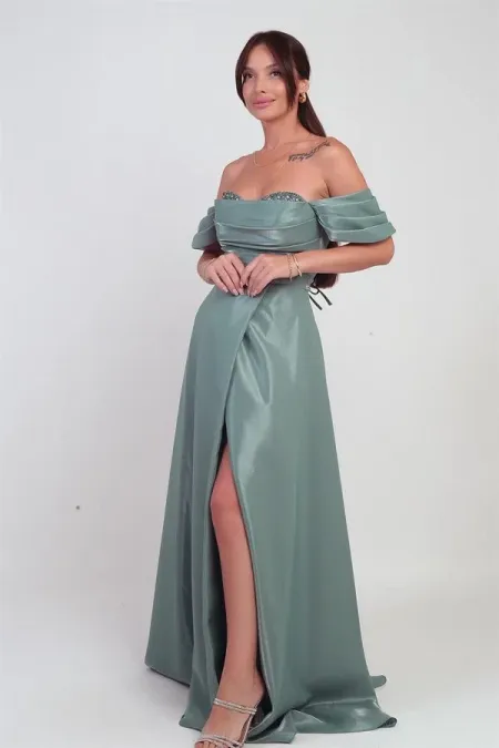 Robe longue bustier à manches basses en organza pour femme, ornée de pierres scintillantes