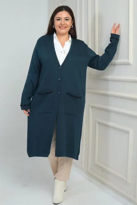 Gilet long en maille grande taille pour femme, avec poches et détails rayés