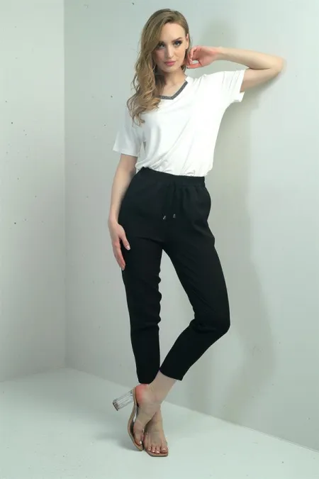 Kadın Beli Lastikli Yandan Cepli Havuç Paça Pantolon