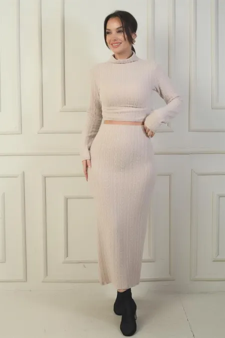 Kadın Balıkçı Yaka Crop Bluz Beli Lastikli Yırtmaçlı Etek 2'li Takım