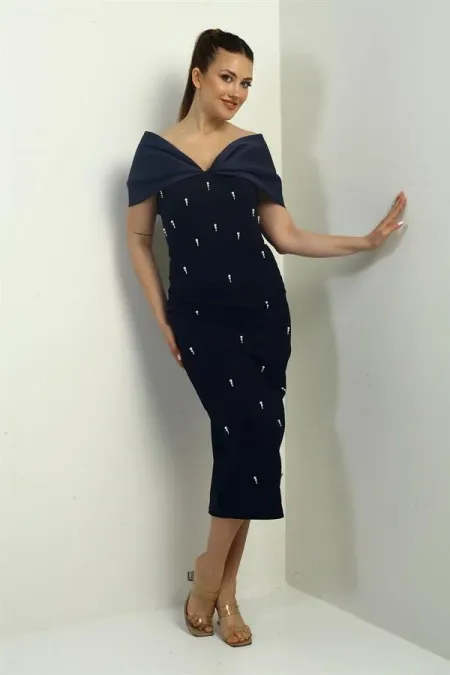 Women's Taffeta Madonna Neckline Evening Dress with Pearl Detail and Lining