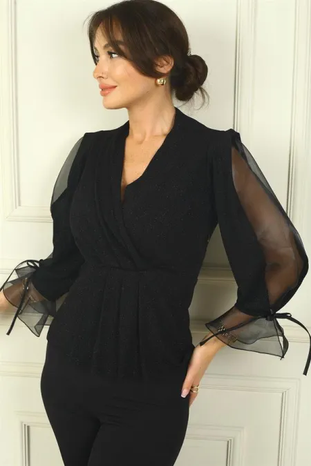Women's Wrap Neckline Half Sleeve Organza Wide Size Spacing Glitter Blouse