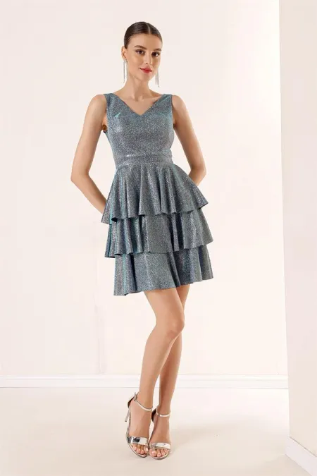 Ön Arka V Yaka Simli Katlı Elbise