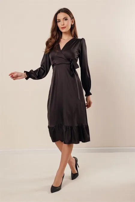 Wrap Neck, Drawstring Waist, Lined Satin Dress