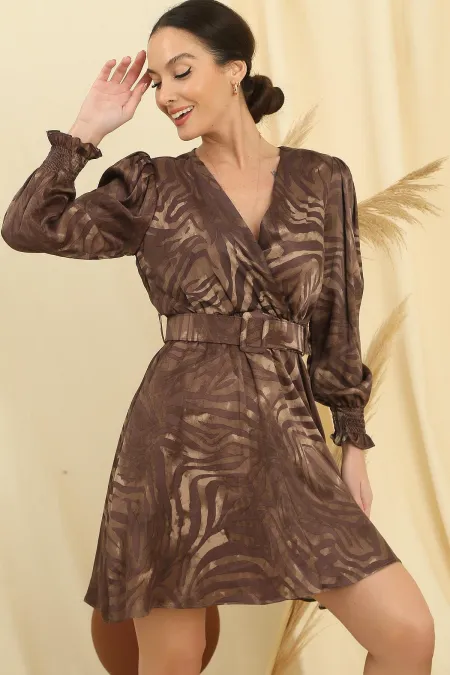 Double-breasted Collar Waist Belted Lined Patterned Satin Dress