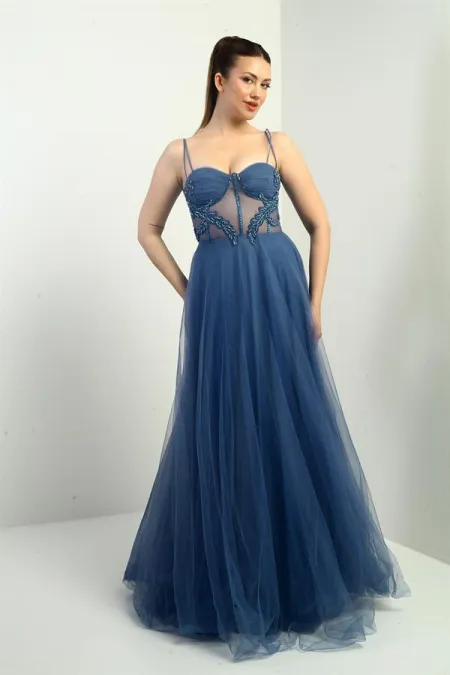 Robe longue princesse doublée à bretelles pour femme, avec buste plissé et ornements de perles