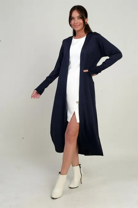 Gilet long pour femme avec manches boutonnées, poches et fentes latérales