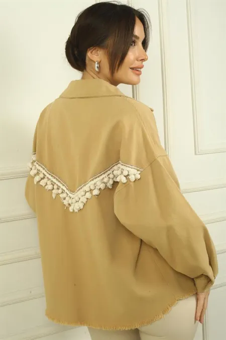 Kadın Arkası Etnik Şeritli Püsküllü Önü Metal Düğmeli Tek Cepli Gömlek