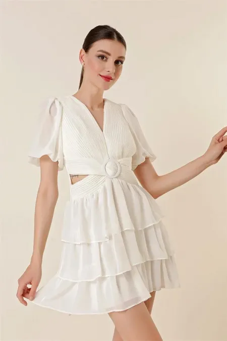 Bel Dekolteli Arkası Çapraz İpli Kat Kat Şifon Elbise