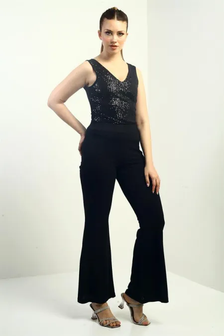 Beli Lastikli Astarlı En Boy Likralı Bol Paça Geniş Beden Aralıklı Simli Pantolon