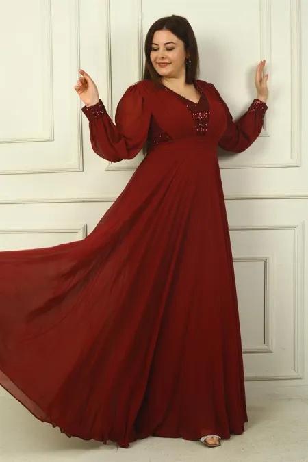 Robe de soirée longue en mousseline de soie grande taille, doublée de sequins, décolleté en V devant et dos, pour femme.