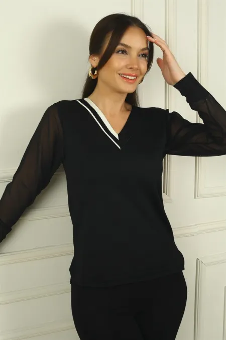Pull en mousseline à rayures mi-longues et col en V pour femme