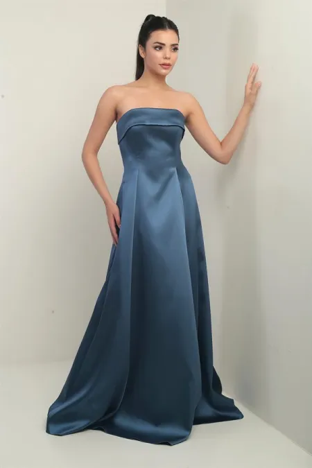 Women's Strapless Lined Long Satin Evening Dress with Pockets
