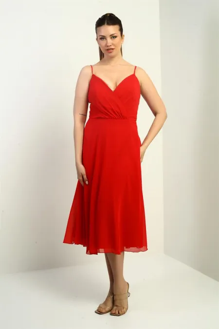 Kadın İp Askılı Kruvaze Yaka Astarlı Arkası Bağcıklı Kloş Şifon Elbise