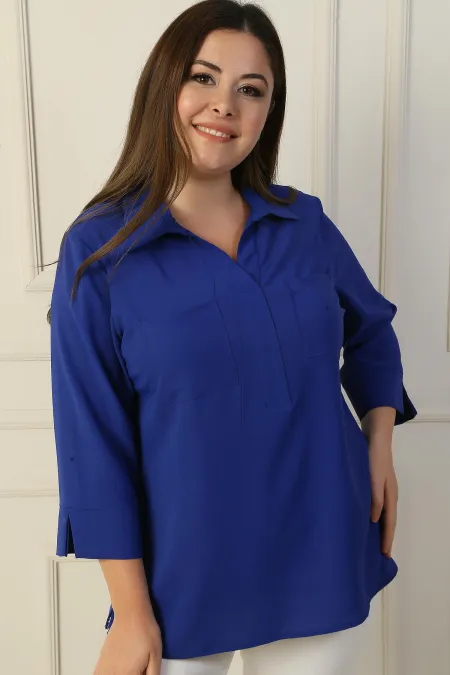 Polo Collar Pocketed Quarter Sleeve BB Blouse