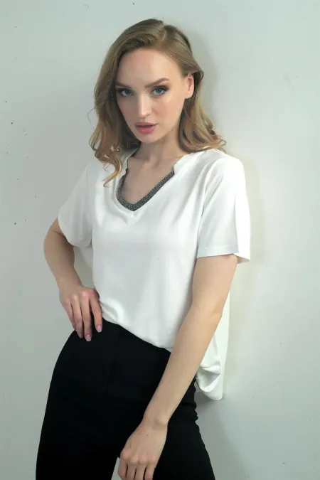 Women's Glittery V-Neck Short-Sleeve Blouse