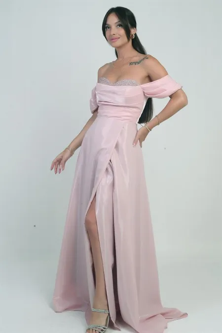 Women's Strapless Low-Sleeve Organza Long Dress with Sparkling Stone Details