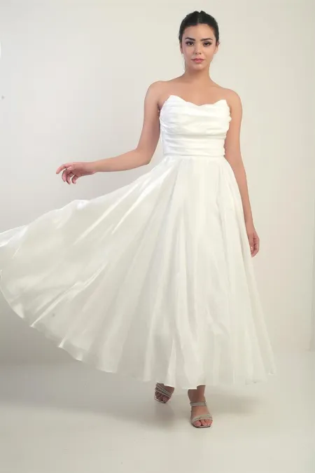 Women's V-Neck Strapless Lined Organza Satin Midi Dress