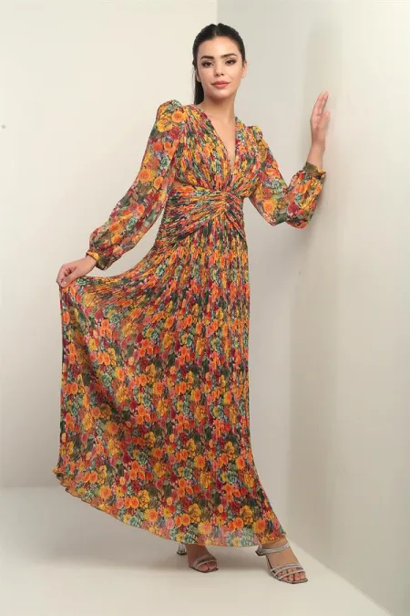 Robe longue en mousseline plissée à col en V doublée et à motifs floraux pour femme