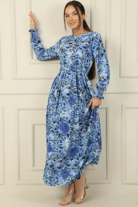 Robe longue en seersucker à manches froncées et à motif rose avec ceinture