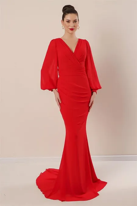 Wrap Neckline, Gathered Front, Lined Long Chiffon Dress