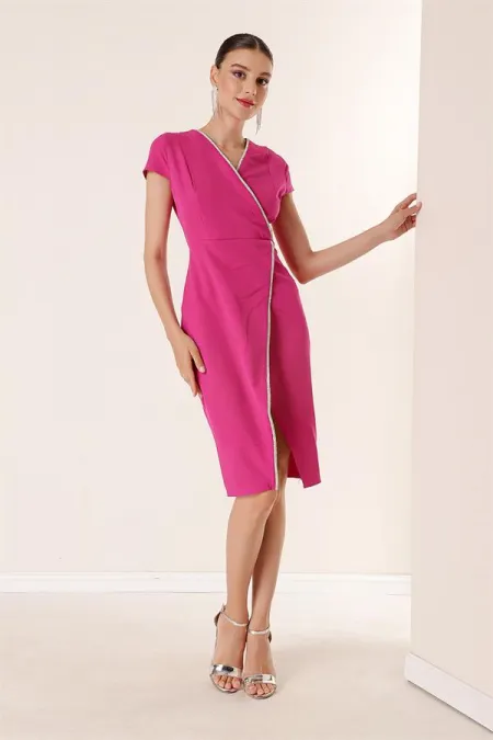 Wrap-neck, half-moon sleeve dress with stone details and front slit.